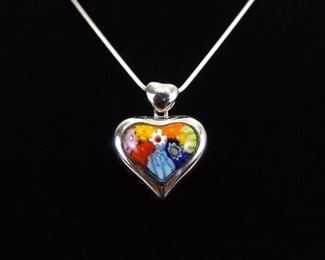 .925 Sterling Silver Murano Millefiori Heart Pendant Necklace
