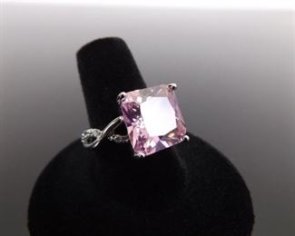 .925 Sterling Silver Pink Sapphire Crystal Cocktail Ring Size 8
