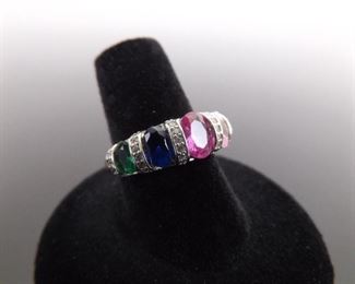 .925 Sterling Silver Multi Color Crystal Ring Size 7
