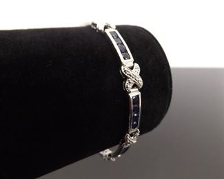 .925 Sterling Silver Faceted Sapphire Diamond Accented Tennis Bracelet

