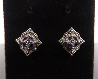 .925 Sterling Silver Art Nouveau Amethyst Post Earrings
