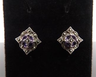 .925 Sterling Silver Art Nouveau Amethyst Post Earrings
