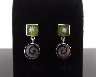 .925 Sterling Silver Posy Modern Art Green and Purple Dangle Post Earrings
