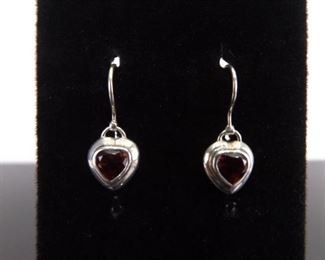 .925 Sterling Silver Garnet Heart Dangle Hook Earrings
