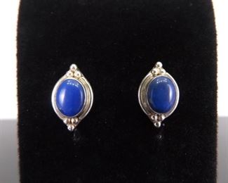 .925 Sterling Silver Blue Enamel Cabochon Post Earrings

