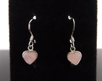 .925 Sterling Silver Inlayed Mother of Pearl Heart Dangle Hook Earrings
