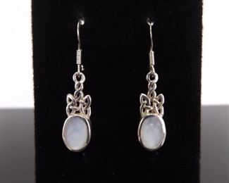 .925 Sterling Silver Inlayed Mother of Pearl Celtic Knot Dangle Hook Earrings
