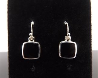 .925 Sterling Silver Inlayed Onyx Dangle Hook Earrings
