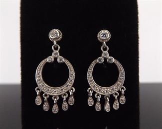 .925 Sterling Silver Crystal Hoop Dangle Post Earrings
