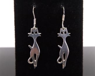.925 Sterling Silver Artisan Cat Dangle Hook Earrings
