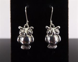 .925 Sterling Silver Owl Dangle Hook Earrings
