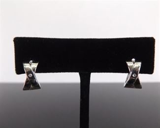 .925 Sterling Silver Hinged Diamond Inlayed Hoop Post Clip Earrings
