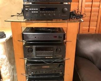 Rack System and Electronics - including Martin Logan Speakers, Schonberg Speakers, Adcom, Niles, Marantz, Teac, Sony And Denon. Not all shown here.
