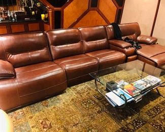 Brown Leather Sectional / Recliner with Metal and Glass Coffee Table