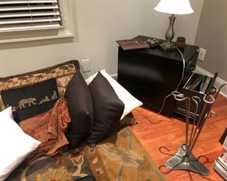 Assorted Accent Pillows, Black Metal File Cabinet , Lamp and Stand