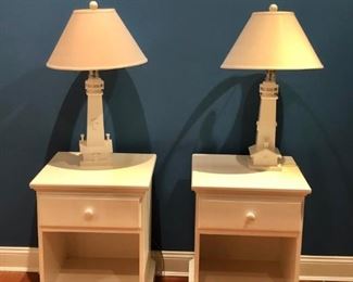 Pair of White Wood Nightstands and Lamps