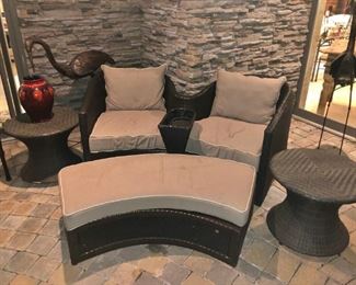 Patio Furniture with Bird Statuary and Colorful Urn