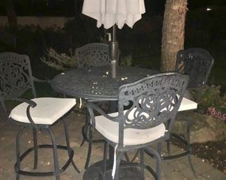 Pub Height Patio Table and 4 Chairs with Umbrella