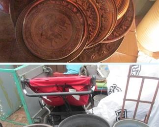 The top image features numerous brass and bronze decorative plates and platters. The bottom photo features several LARGE flower pots and a double stroller.