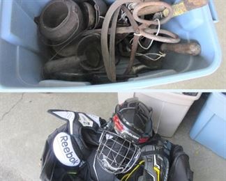 The top image features antique scythes, iron items, and other rustic antiques. The bottom image features a whole bag full of hockey equipment.