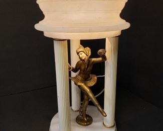 Art Deco Harlequin Pixie Dancer on Alabaster with Alabaster Lamp Shade