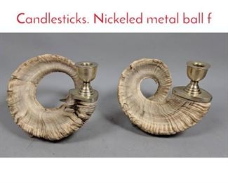Lot 19 Pr Natural Ram Horn Candlesticks. Nickeled metal ball f