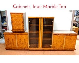 Lot 86 4pc Rich Burl Wood Modernist Cabinets. Inset Marble Top