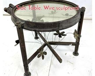 Lot 91 Heavy Brass Round Glass Top Side Table. Wire sculptural