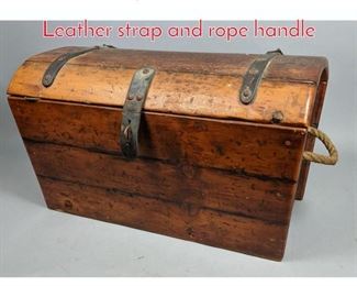 Lot 62 Antique Small Wood Trunk. Leather strap and rope handle