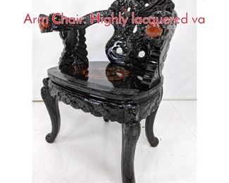 Lot 203 Asian Carved Wood Dragon Arm Chair. Highly lacquered va