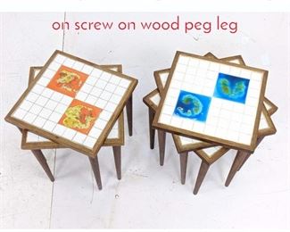 Lot 279 5pc Stacking Tables. Tile Tops on screw on wood peg leg