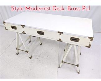 Lot 317 White Laminate Campaign Style Modernist Desk. Brass Pul