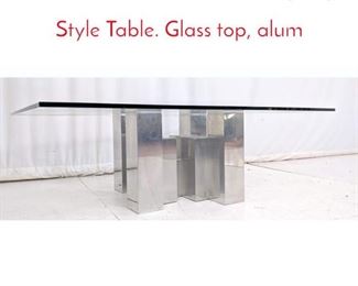 Lot 338 Modernist Chrome Cityscape Style Table. Glass top, alum