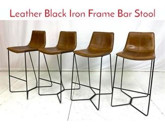 Lot 436 Set 4 WEST ELM Brown Leather Black Iron Frame Bar Stool