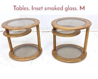 Lot 483 Pr of Oak Swivel Side End Tables. Inset smoked glass. M
