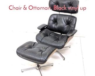 Lot 488 2pc SELIG Walnut Lounge Chair  Ottoman. Black vinyl up