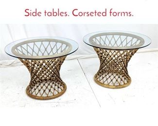 Lot 493 Pr Woven Rattan Glass Top Side tables. Corseted forms. 