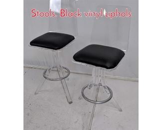 Lot 565 Pr Vintage Lucite Swivel Bar Stools. Black vinyl uphols