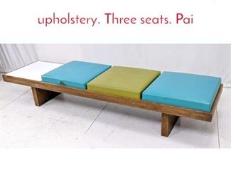 Lot 568 Modernist Oak Bench. Vinyl upholstery. Three seats. Pai