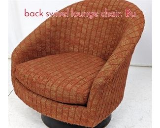 Lot 582 Milo Baughman style barrel back swivel lounge chair. Bu