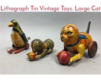 Lot 670 3pc MARX Colored Lithograph Tin Vintage Toys. Large Cat