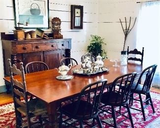 Cherry Farm Table, 6 vintage Windsor chairs, large area rug, silver plate serving set.