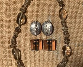 Vintage quartz stone necklace, copper and silver designer earrings