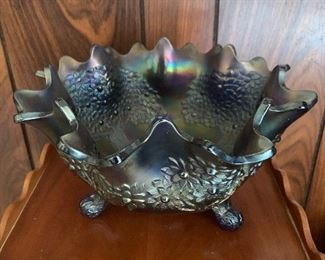 Carnival glass footed bowl