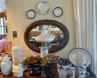 Glass grapes (on top of the scale), misc. porcelain, ceramic and pottery pieces