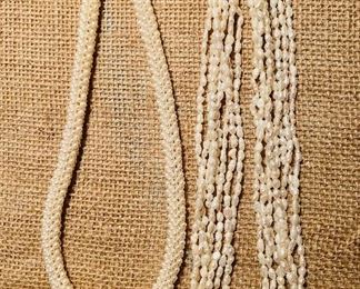 Clustered pearl necklace and 8-strand rice pearls, both with 14k clasps.