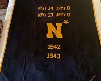 1942 1943 naval Academy football wool blanket with the scores if the Navy - Army games in 1942 and 1943