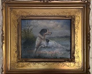 A sporting scene painting - 19th C oil painting of an English setter dog by R. Anderson. This painting has been restored and relined.