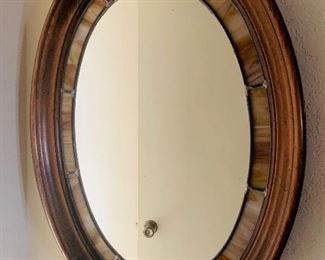 Walnut and stained slag glass oval mirror