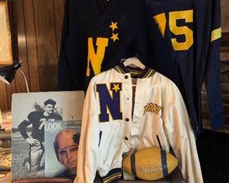 Naval Academy football jersey and Letterman's jacket from the 1940s which belonged to Ben Chase, who also played for Hoover High School in San Diego and the Detroit Lions He was a consensus All-American in 1944 and was on the cover of Look Magazine on November 28, 1044.